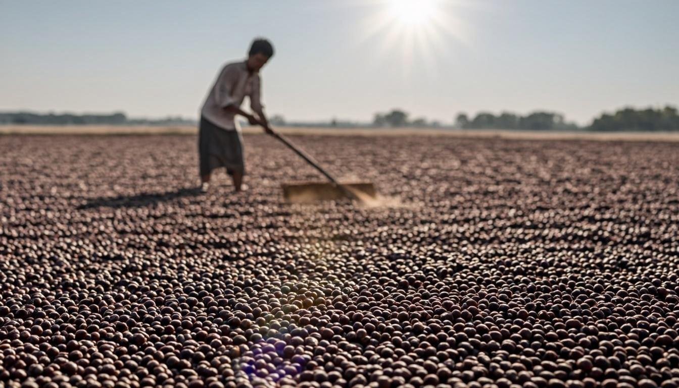 Peppercorns drying in the sun on a traditional drying yard
