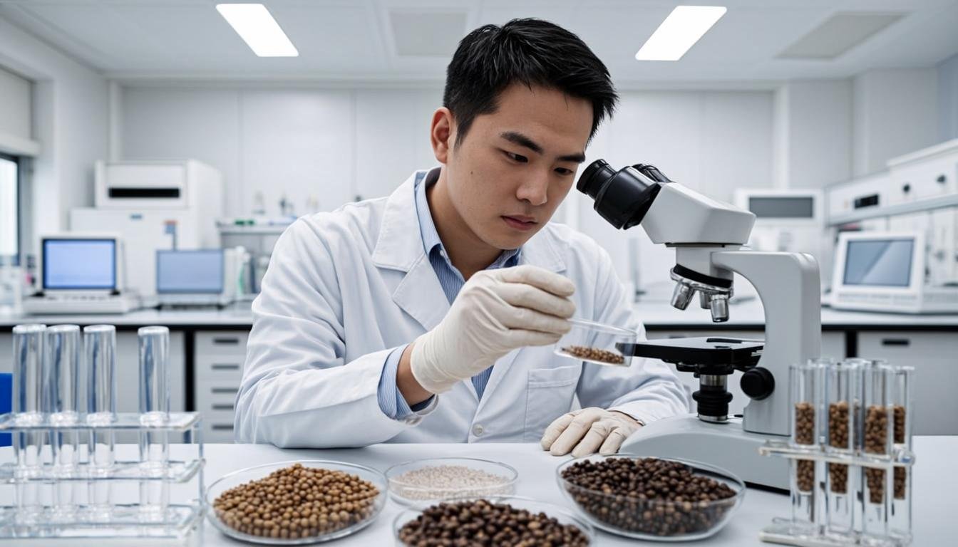 Technician analyzing white pepper samples in a food quality laboratory