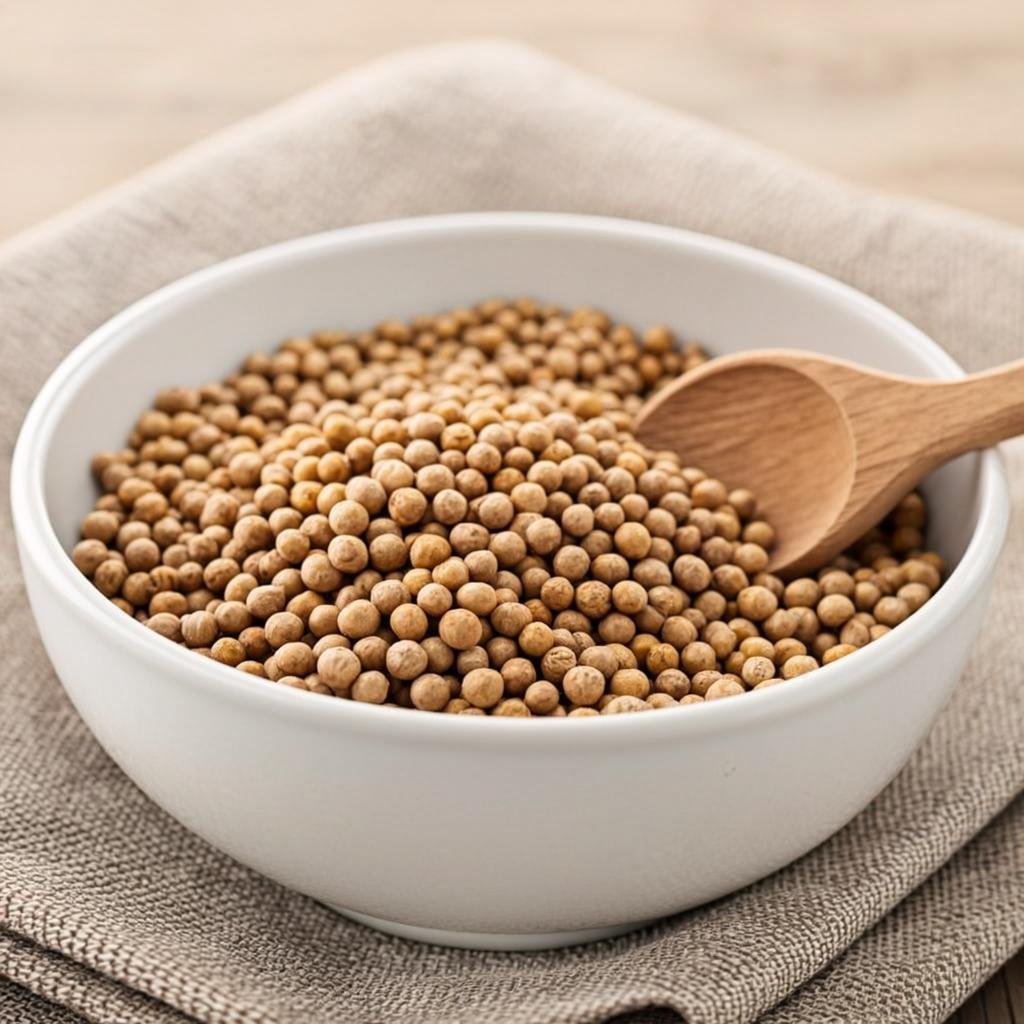 Premium organic white peppercorns in a ceramic bowl with a wooden scoop